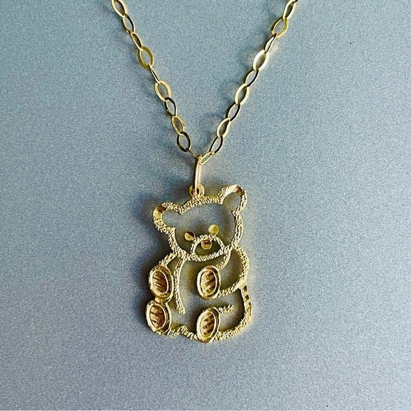 14k Gold Teddy Bear Diamond Cut Textured Charm Pendant on...